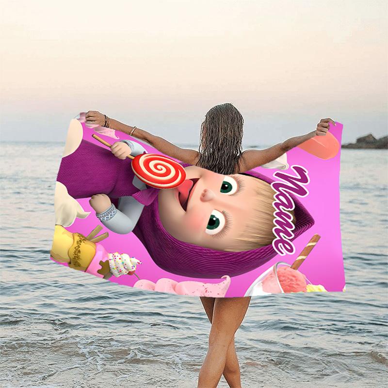1pc Masha and the Bear4 Beach Towel with Custom Name, Beach/Swimming/Bath/Picnic/Camping Towel, Suitable for Seaside Beaches