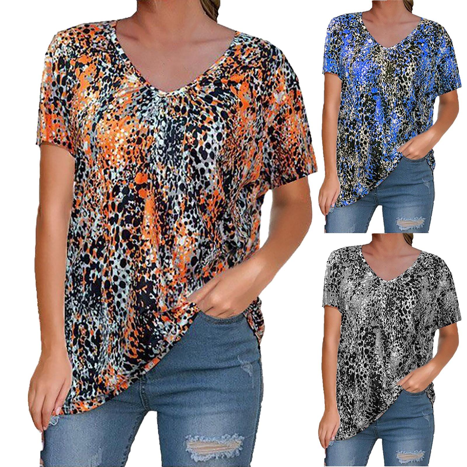 

Women s Fashion Casual V-Neck Collision Color Printing Short-Sleeved T-Shirt