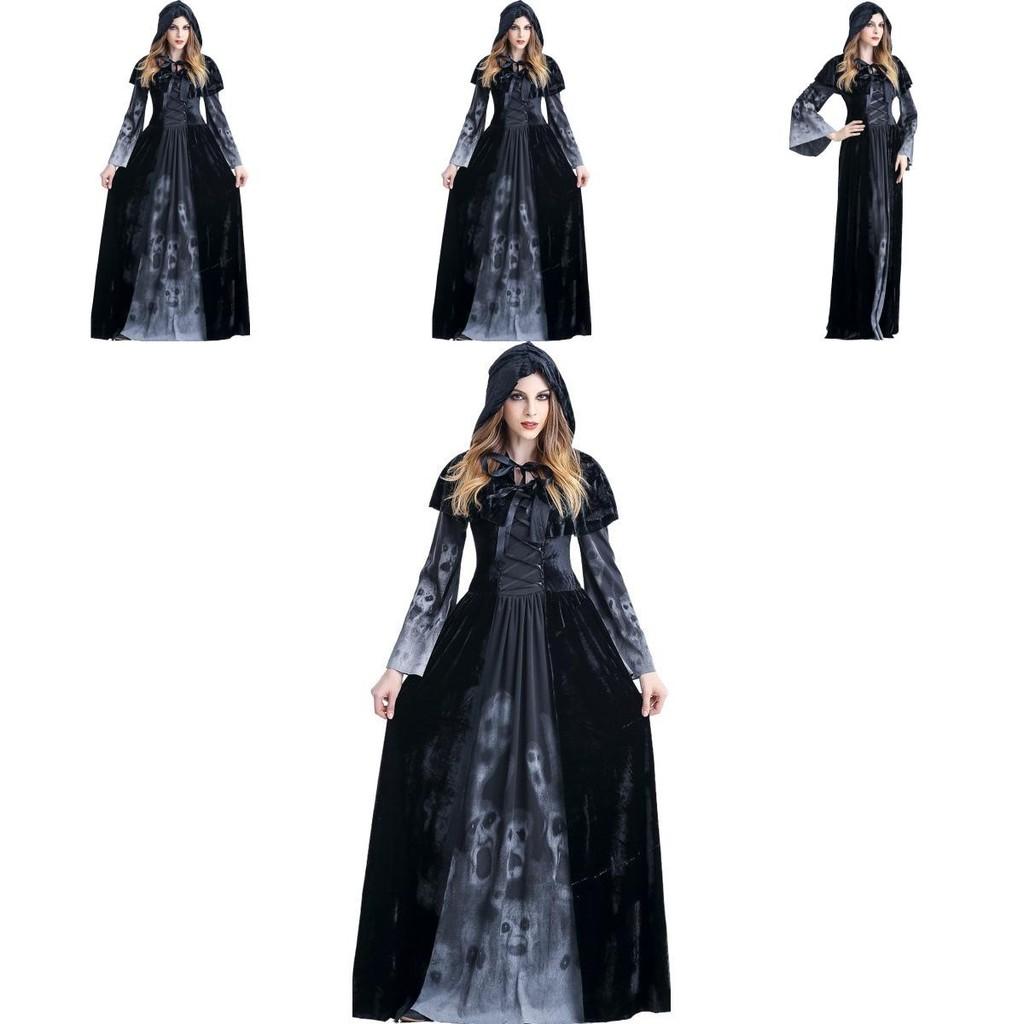 Halloween Cosplay Dress For Women With Skeleton Print Polyester Fantasy Evil Witch Vampire Dead Soul Costume For Role Play