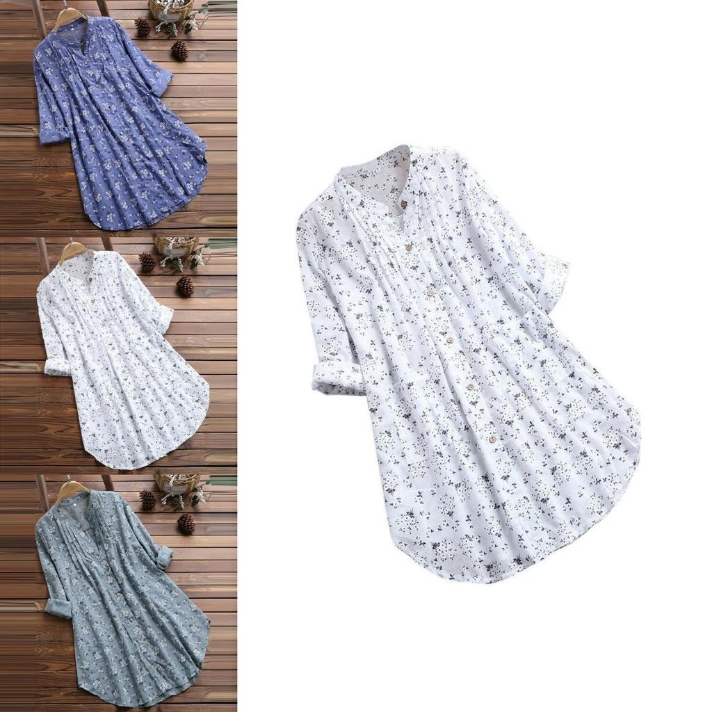 Elegant Women V-neck Long Sleeve Flower Print Linen Shirt Ladies Casual Loose Blouse Top