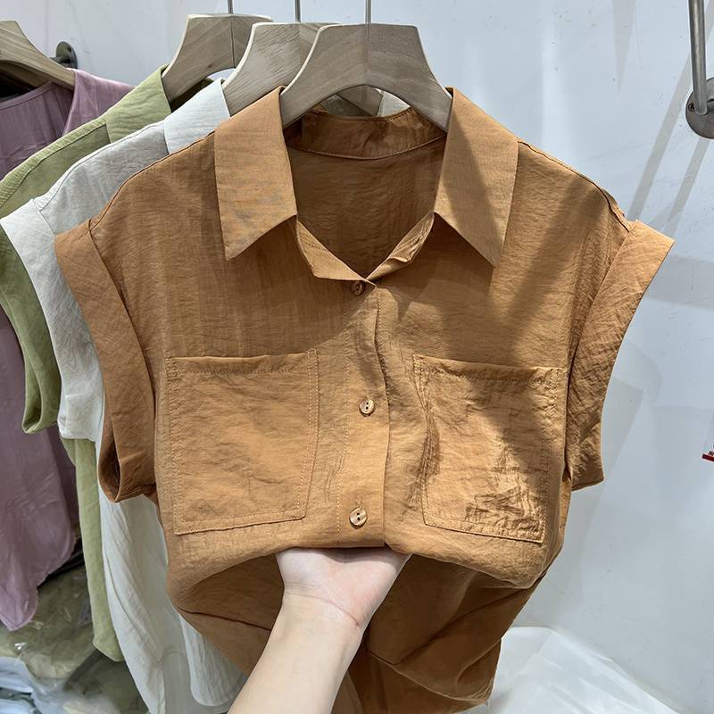 Summer Double Pocket Sleeveless Thin Shirts Loose Solid Color Pure Cotton Women's Blouses & Shirt