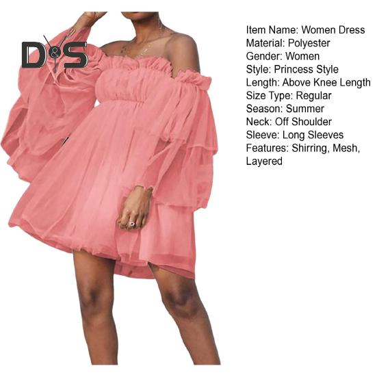 Women Dress Off Shoulder High Waist Mesh Layered Shirring A-line Long Sleeves Solid Color Princess Style Mini Dress Prom Beach Party Short Dress