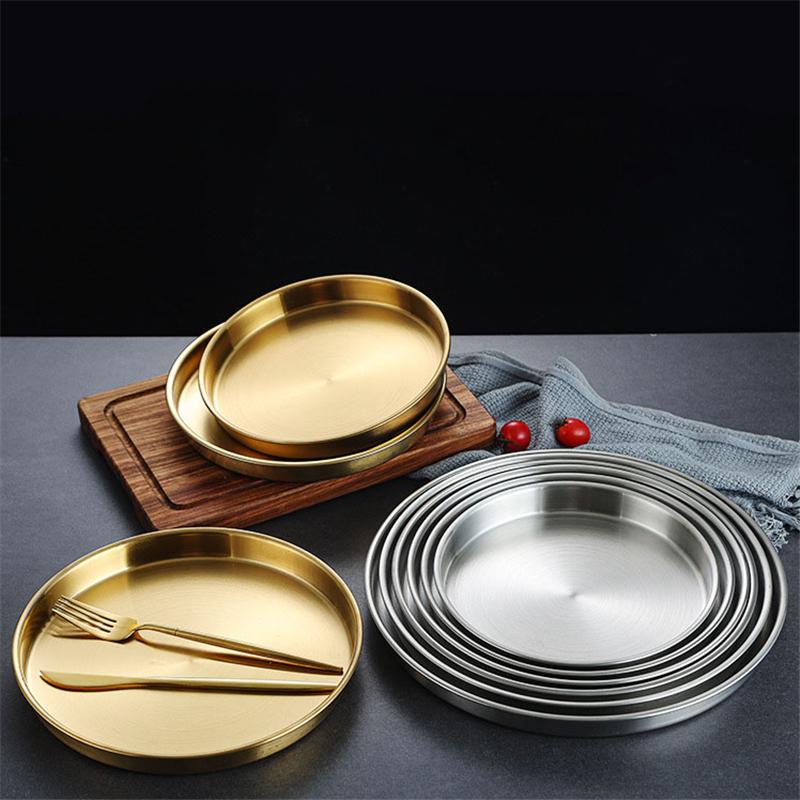 4 Sizes Deep Stainless Steel Meal Trays Round Dish Plates Barbecue Fruit Noodles Salad Mixing Dish Bowl Hotel Kitchen Tableware