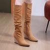 Rhinestone Slope Heel Super Thin Pointed Suede Thin Boots 2025 Autumn and Winter New High-heeled Pleated High Boots