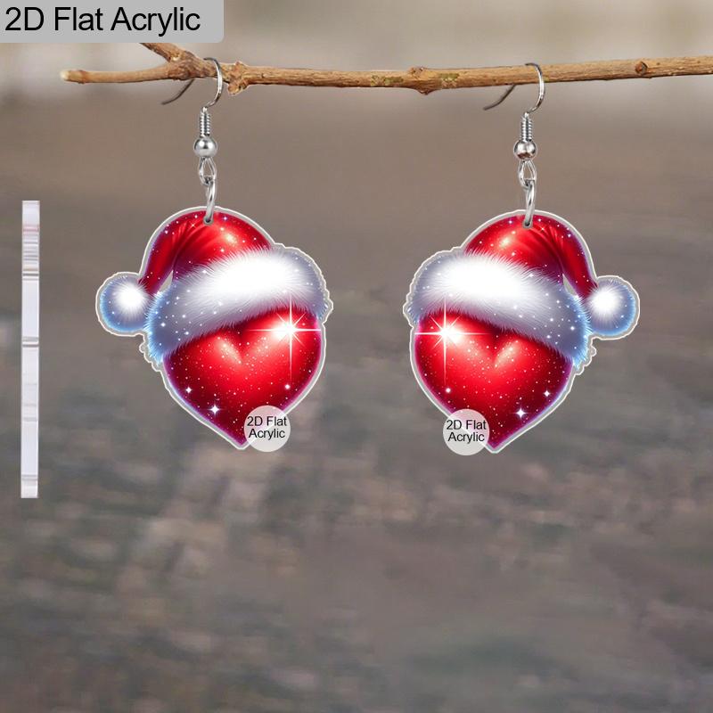 2D Flat 2pairs Y2K Fashion Christmas Hat Heart-Shaped Wine Glass Acrylic Dangle Earrings, Perfect Gift for Women, Christmas Party Jewelry
