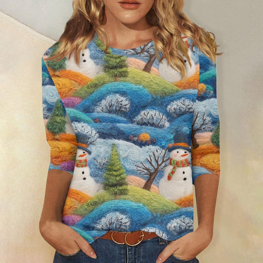 Damen Casual Mode Weihnachts-Print Dreiviertelarm Oberteil