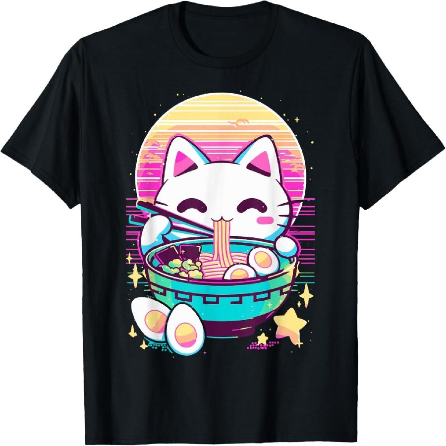 Anime Cat Eating Ramen Japanese Ramen Cat Japan T-Shirt S