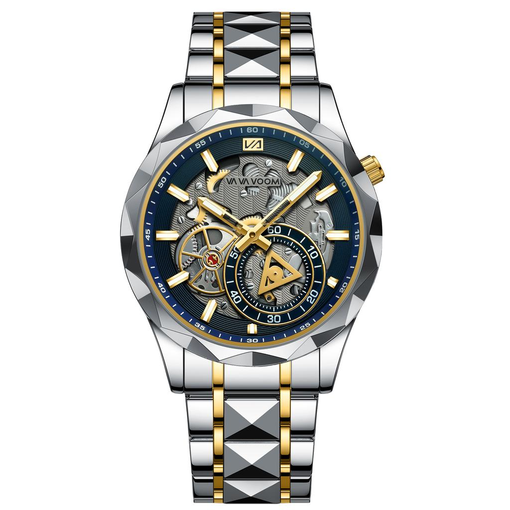 VA VA VOOM Men’s Quartz Watches Stainless Steel Hollow Diamond Face Watch Business Simple Quartz Waterproof Men Watches Men's Sport Wristwatch