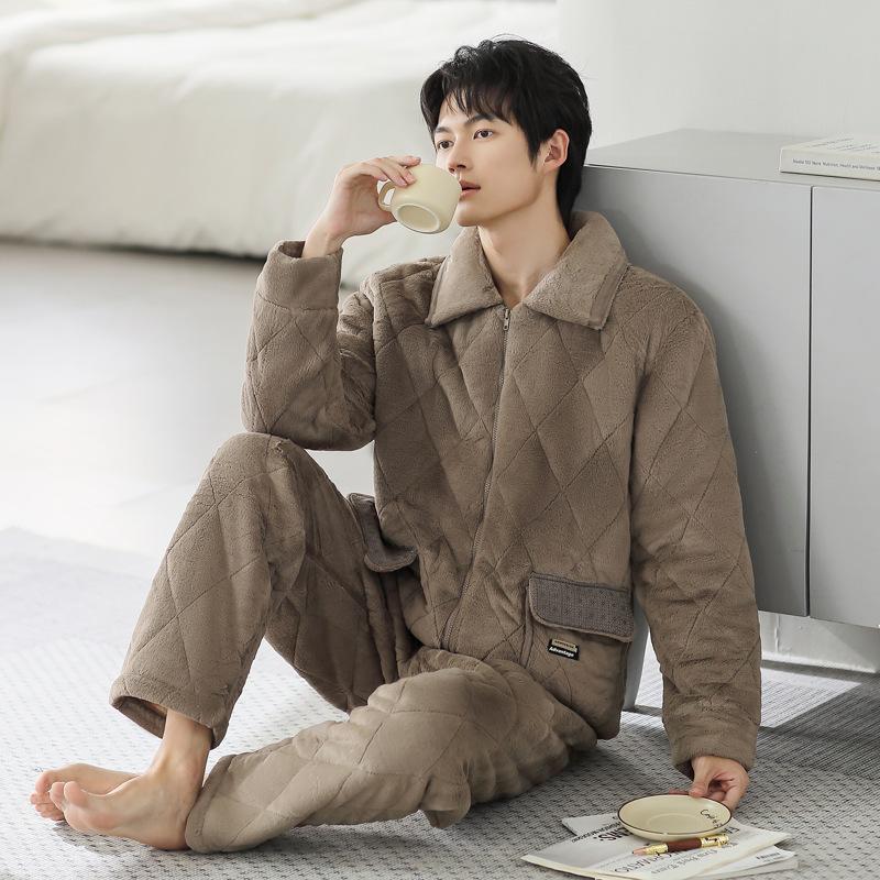 

Пижама мужская зимняя из кораллового флиса, трехслойная утепленная хлопком, утолщенный флис, термо, на молнии, зимняя домашняя одежда, термокостюм 2XL