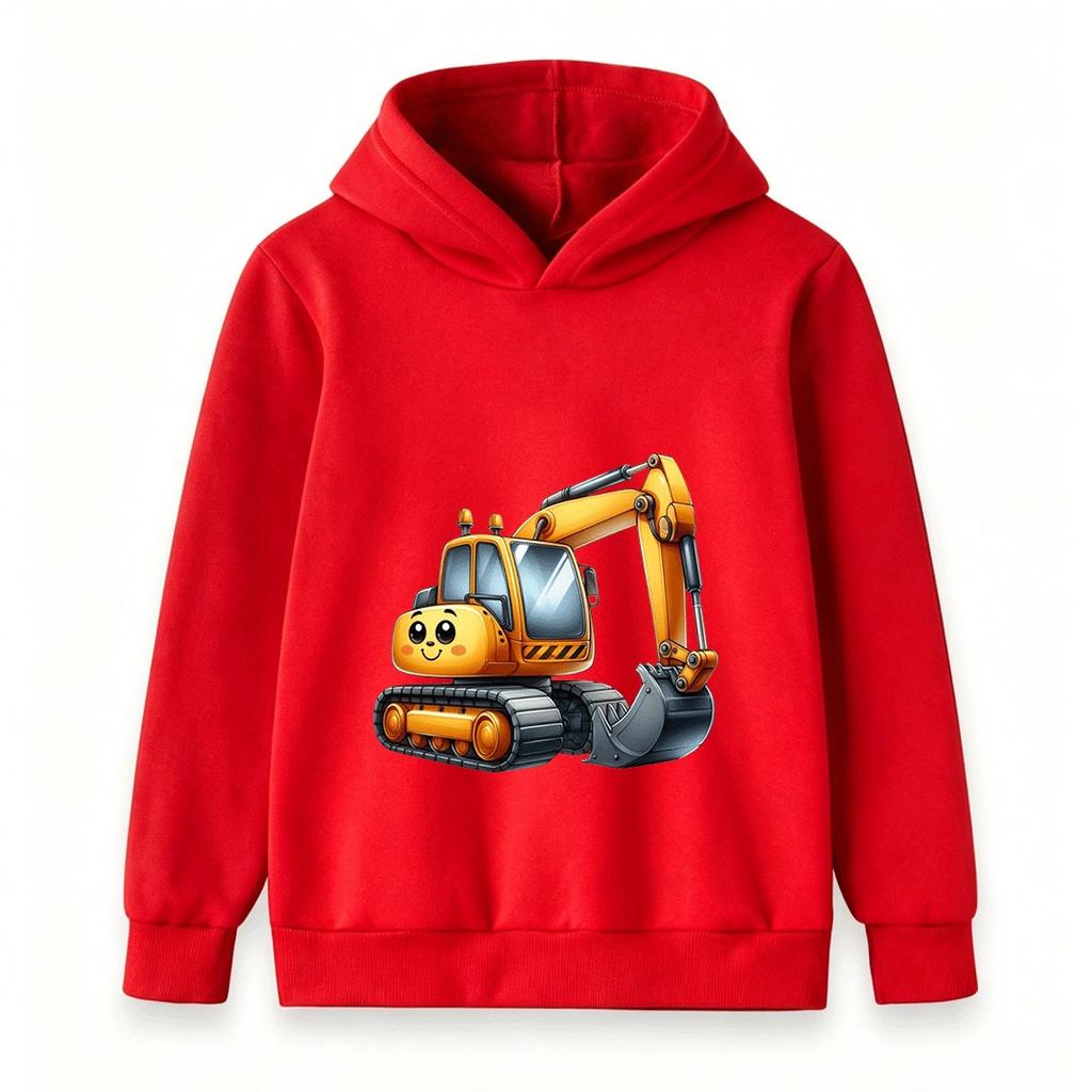 Kids Hooded Sweatshirt Cute Cartoon Excavator Print Casual Long Sleeve Pullover Hoodie for Boys Girls Daily Wear