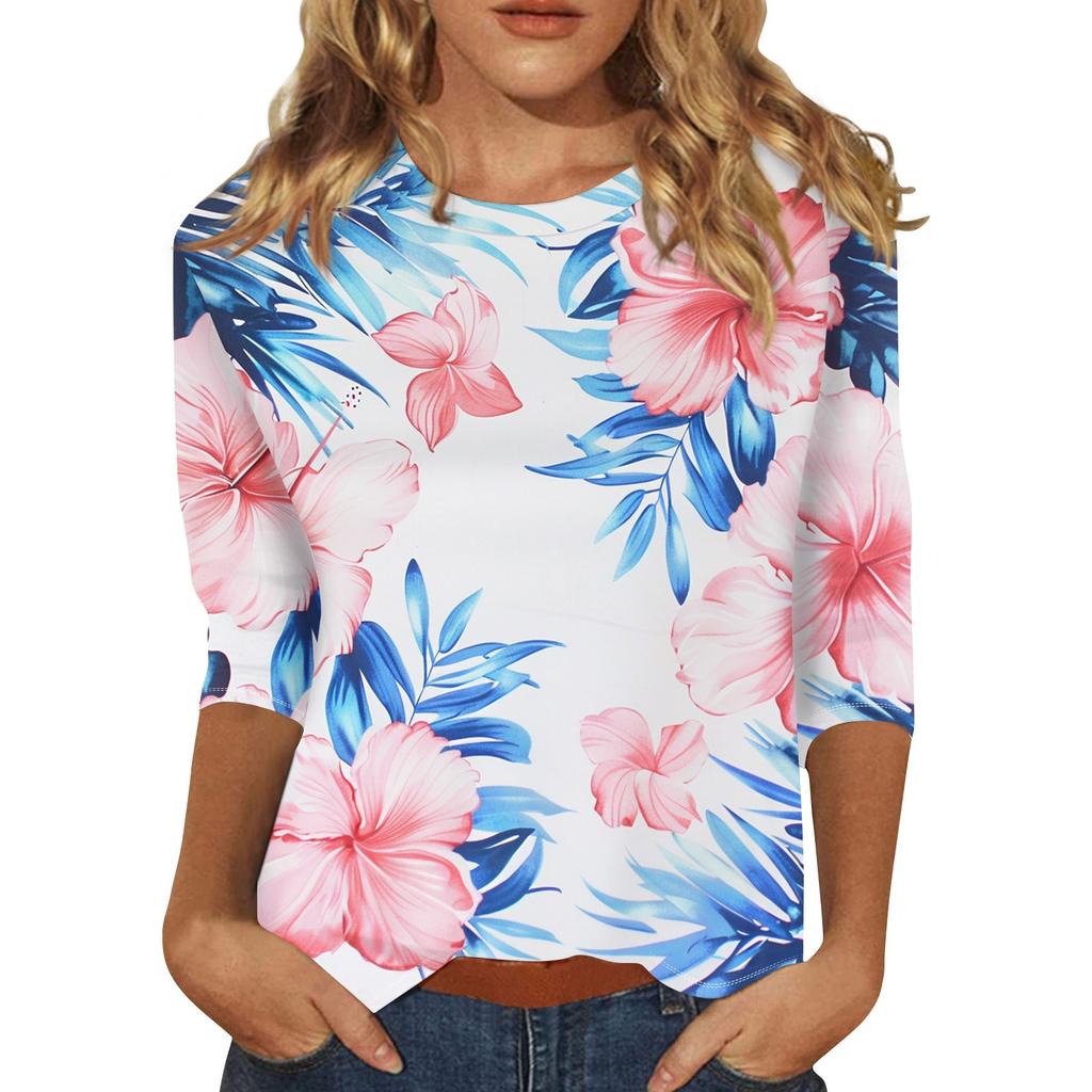 Women's Floral Print Round Neck Top With Three Quarter Sleeves T-Shirt Three Quarter Sleeves T-Shirt