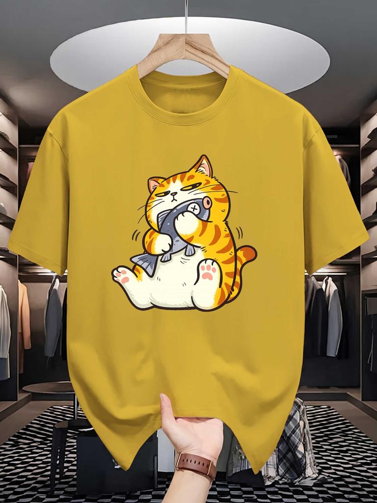 Unisex Crew Neck Tee Tabby Cat Catch Fish Cartoon Print Soft Cotton Loose Breathable Short Sleeve Summer Casual Street Daily Tops