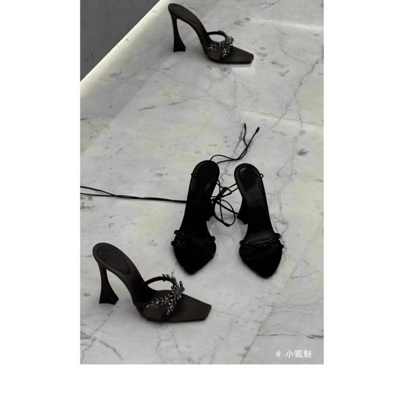 Mode Sommer Damen High Heel Sandalen Kreuz Strass Quadratische Zehenpartie Offene Zehen Sandalen Seide Sexy Stiletto High Heels Pantoletten