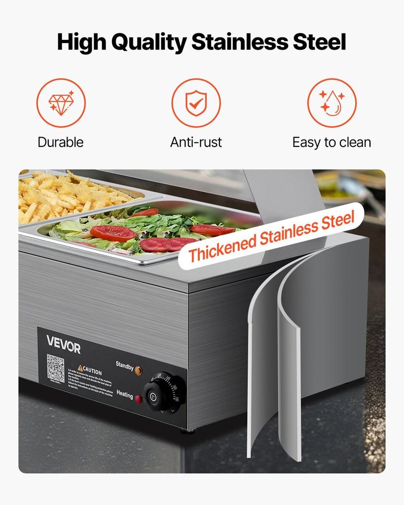 Commercial Food Warmer 3-Pan 1500W Buffet Bain Marie with Glass Cover