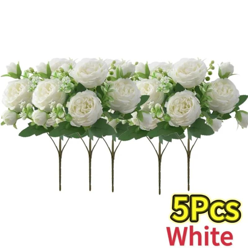 Hot Selling 30cm Rose Pink Silk Bouquet Peony Artificial Flower 5 Big Head 4 Small Bud Bride Wedding Home Party Decorations