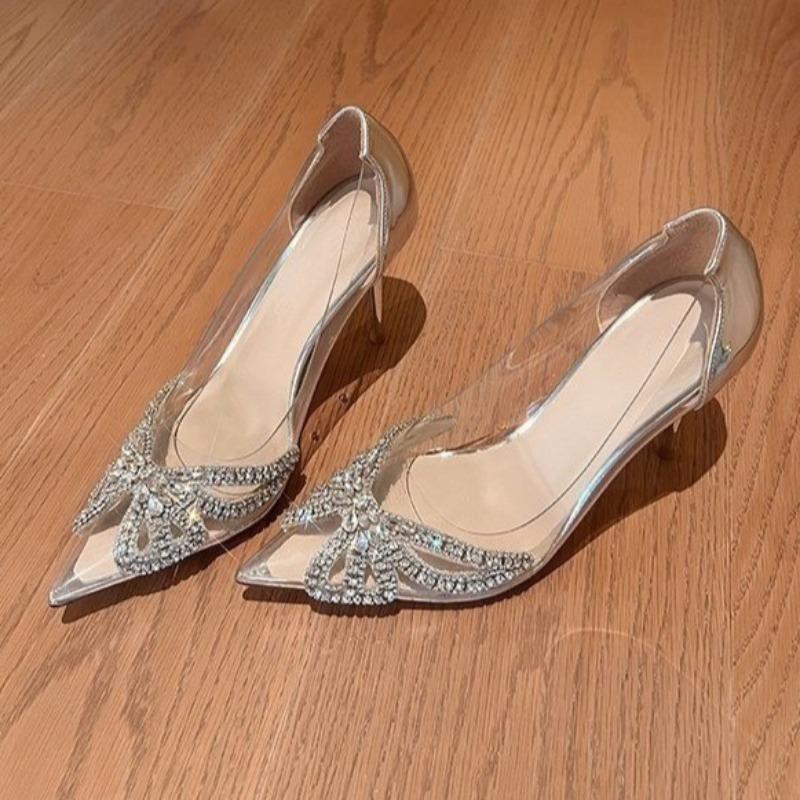 Fashion Spring New Thin Heel Shoes Fashion Pointy Head Shallow Mouth Rhinodrill Butterfly Knot Transparent Belt A Slip-on High Heels