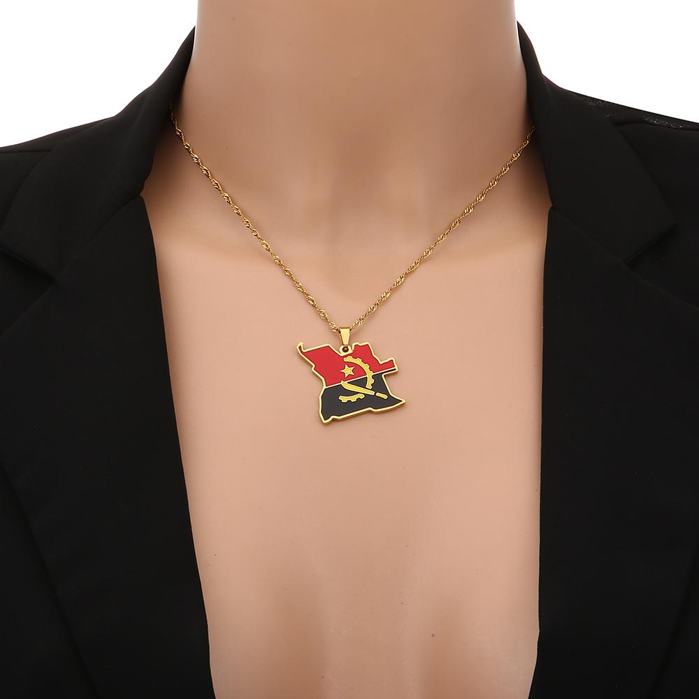SONYA Enamel Drop Oil Angola Map Flag Pendant Necklace For Women Girls Stainless Steel Angolan Jewelry Ethnic Party Gifts