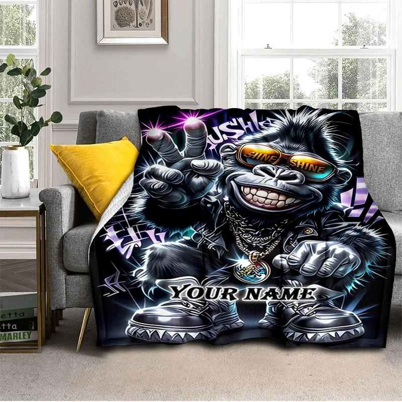 1PC Custom Name Monkey Power Style blanket versatile,all-season throw suitable for the living room,bedroom,camping,travel,and gift