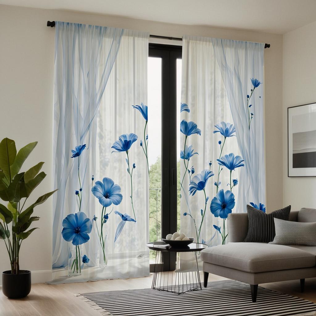 2 Pieces of HD Plain Blue Flower Decoration Curtain White Digital Printed Curtain Home Decoration Style Decoration Living Room B