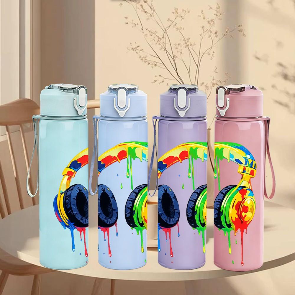 1PC Rainbow Color Over Ear Headphone Print 750ml Color Plastic Sports Water Bottle Leakproof Flip Straw Lid Suitable for Sports Office Home Use