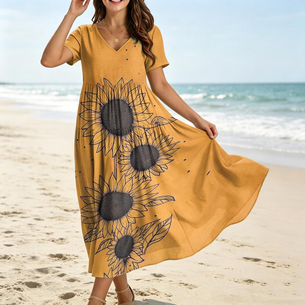 Women Bohemian Style Loose Fit Floral Print V Neck Short Sleeve Casual Dress with Relaxed for Summer Wear