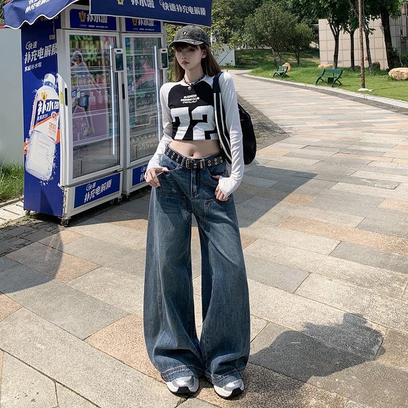 Autumn new American retro street jeans women's high waist loose and thin versatile washed floor-mopping wide-leg pants tide