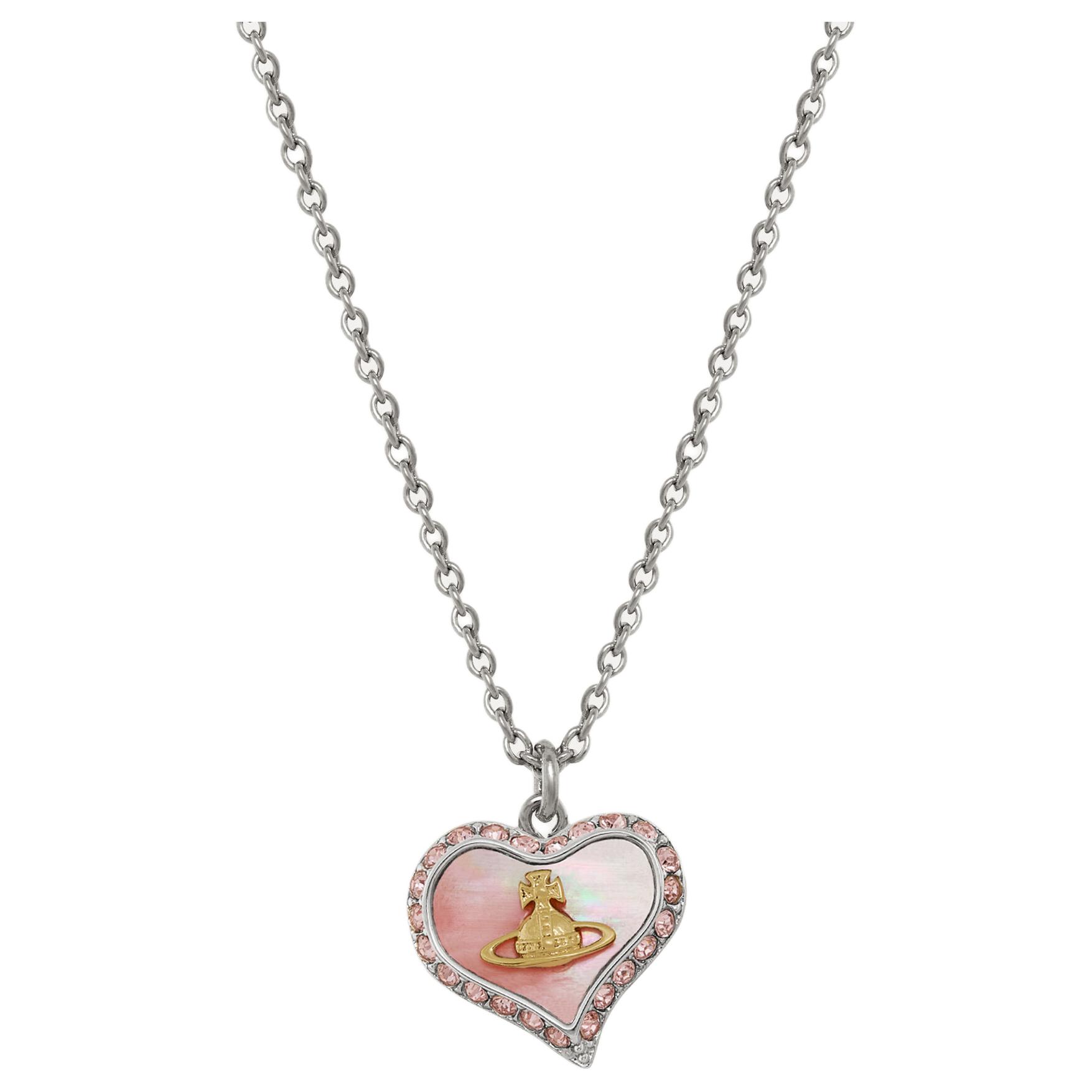 Vivienne Westwood Petra Brass Crystal Saturn Logo Irregular Mother Of Pearl Heart Necklace Women necklace Silver Cherry-Blossom-Pink 8053195235179 Box+Shopping Bag