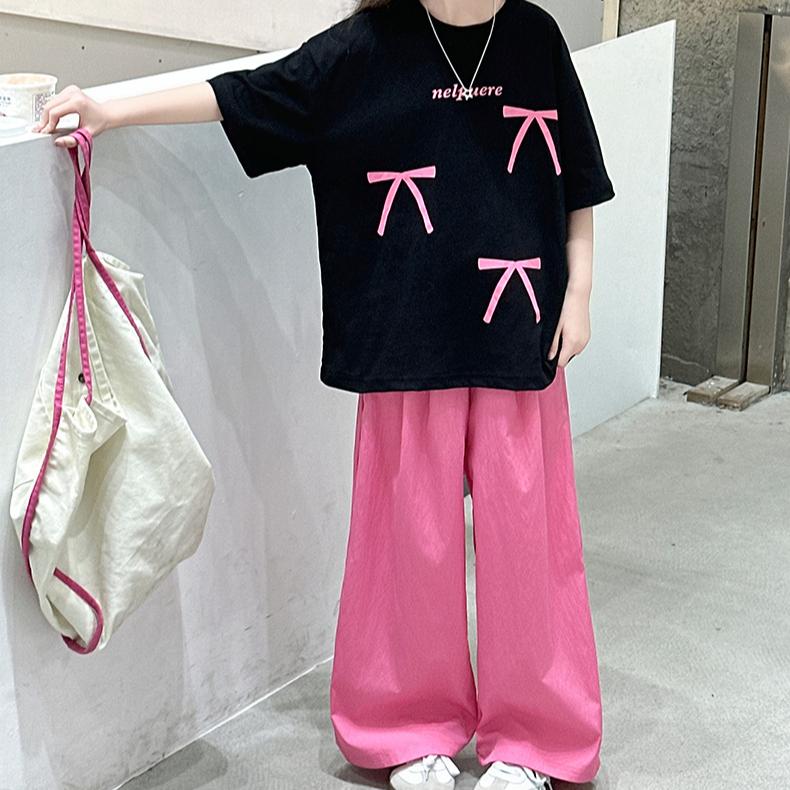 Girls' Summer Thin Short Sleeved T-shirt Two-piece Set Stylish Children's Casual Wide Leg Pants Set