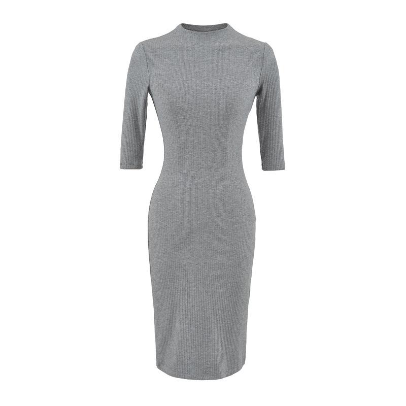 Women's Elegant Ribbed Knit Bodycon Dress - Pink, Long Sleeve, Mid-Length, Summer Style
