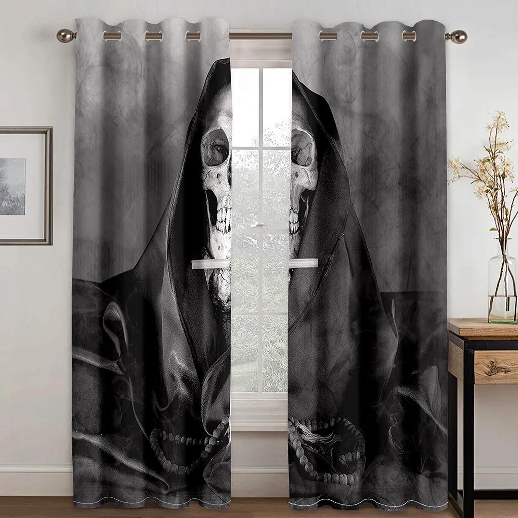 Cortinas Decorativas de Halloween 3D para Ventana de Sala de Estar, Dormitorio, Balcón con Diseño de Calavera Negra Masculina, 2 Paneles