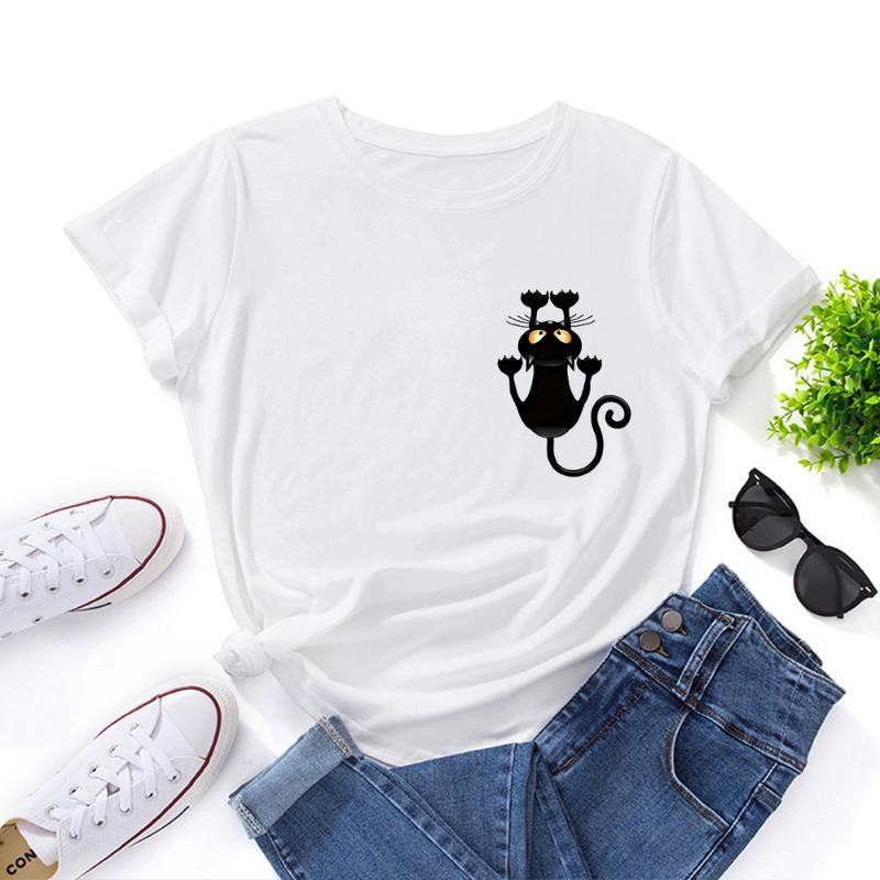 Summer Women's Cute Cat Print Loose Round Neck Pure Cotton Short Sleeved T-Shirts Women’s