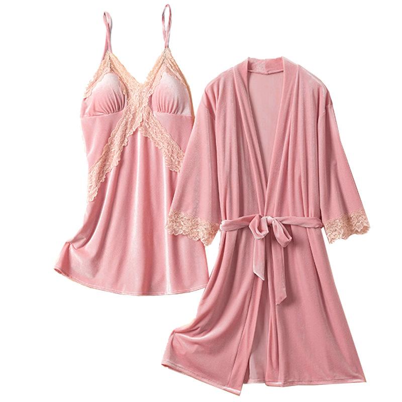 Women Winter Thick Flannel Velvet Pajamas Female Fall Sexy Lace Long-sleeved Suit with Corset Pads Sling Nightgown Robe Homewear