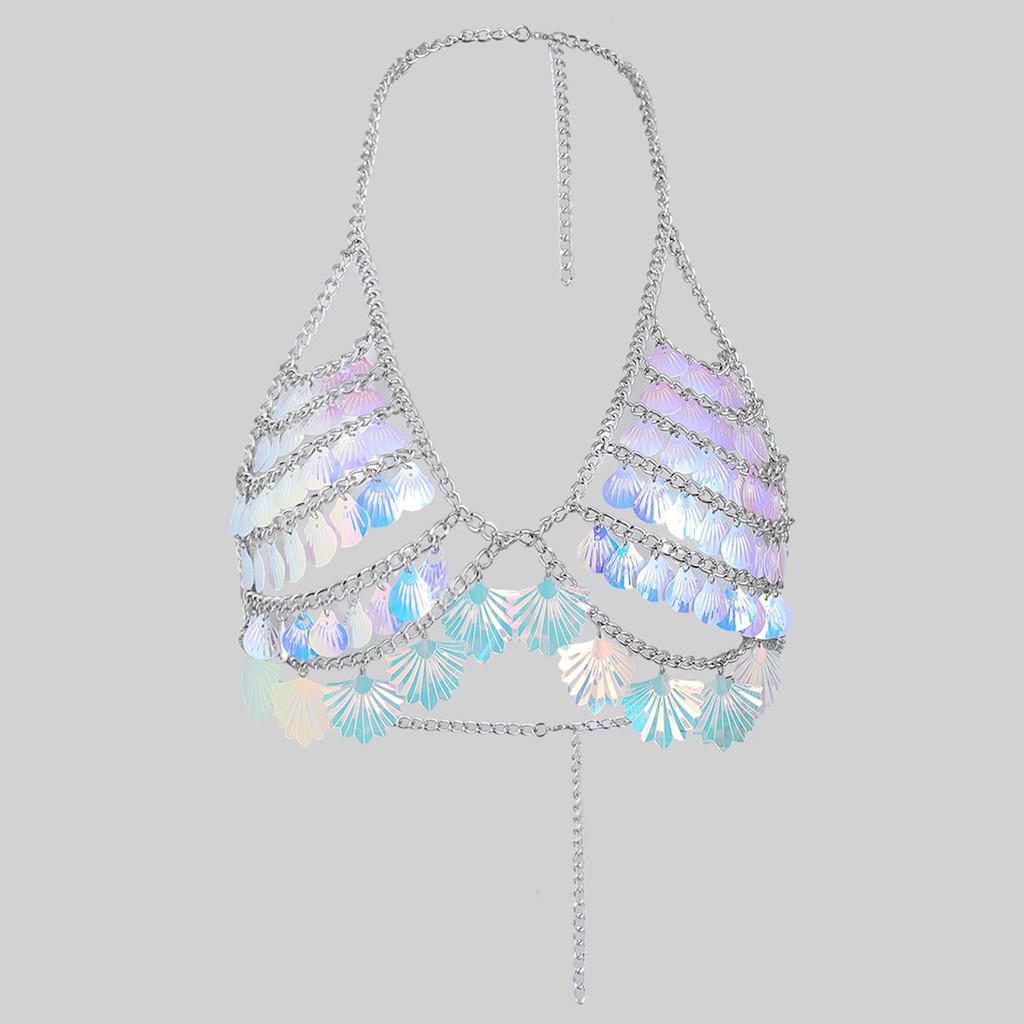 Metallic Shell Body Chain For Women With Electroplated Finish And Geometric Style For Summer Beach Attire