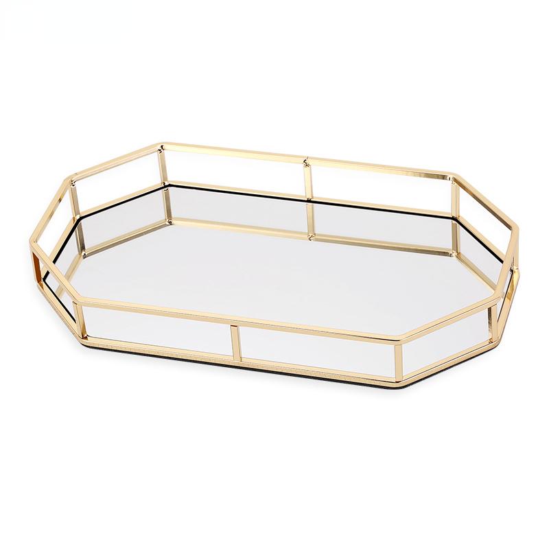 Nordic Light Luxury Glass Mirror Storage Tray Gold Iron Round Creative Living Room Decoration Fruit Cosmetics Coffee Table