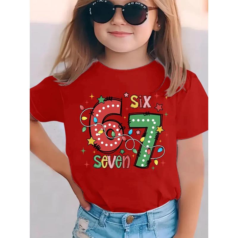 Christmas Summer Fashion Girls Short-Sleeve T-Shirt Casual and Versatile Top with Cartoon Print of 6 and 7 Entwined with Christmas Lights 110 красный