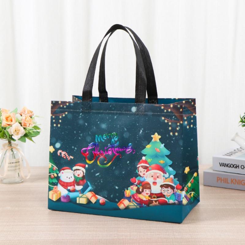 Borsa regalo di Natale Borsa per imballaggio regalo di caramelle in tessuto non tessuto di grande capacità con pupazzo di neve e design di Babbo Natale