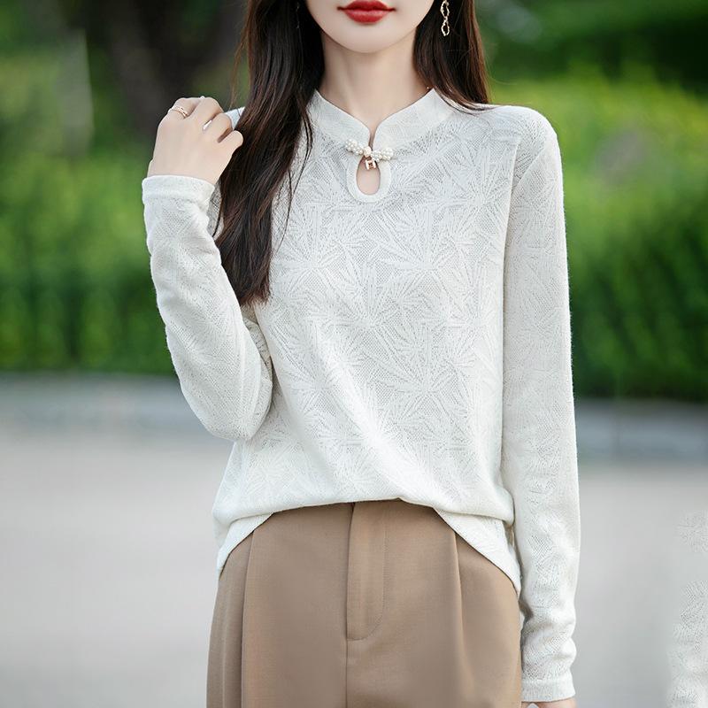 Women S New Chinese Style Stand Collar Jacquard Loose Thin Base Layer Top
