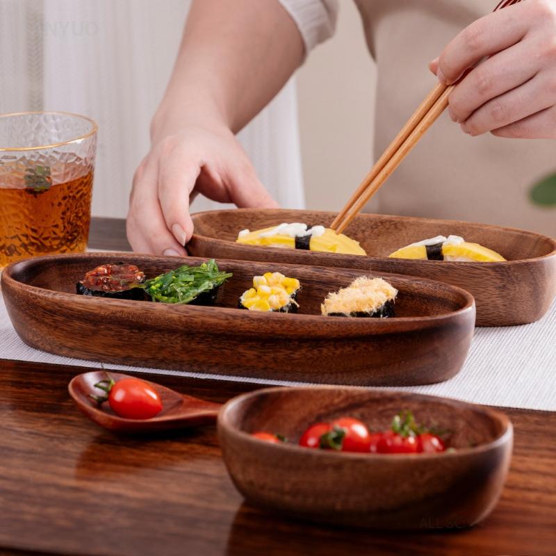 Walnut Oval Solid Wood Sushi Plate Bowl Japanese Platte Decorative Tray for Coffee Pastry Plate Wooden Tableware Kitchen Decor