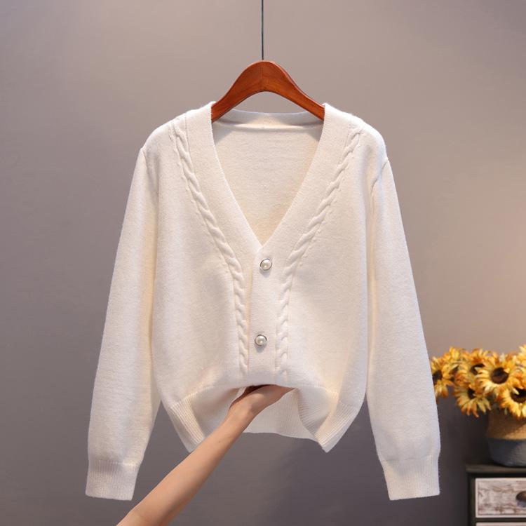 

2025 Женский Шикарный Свободный Вязаный Кардиган с V-образным Вырезом: Осенне-зимнее пальто-свитер с длинным рукавом One size грязно-белый