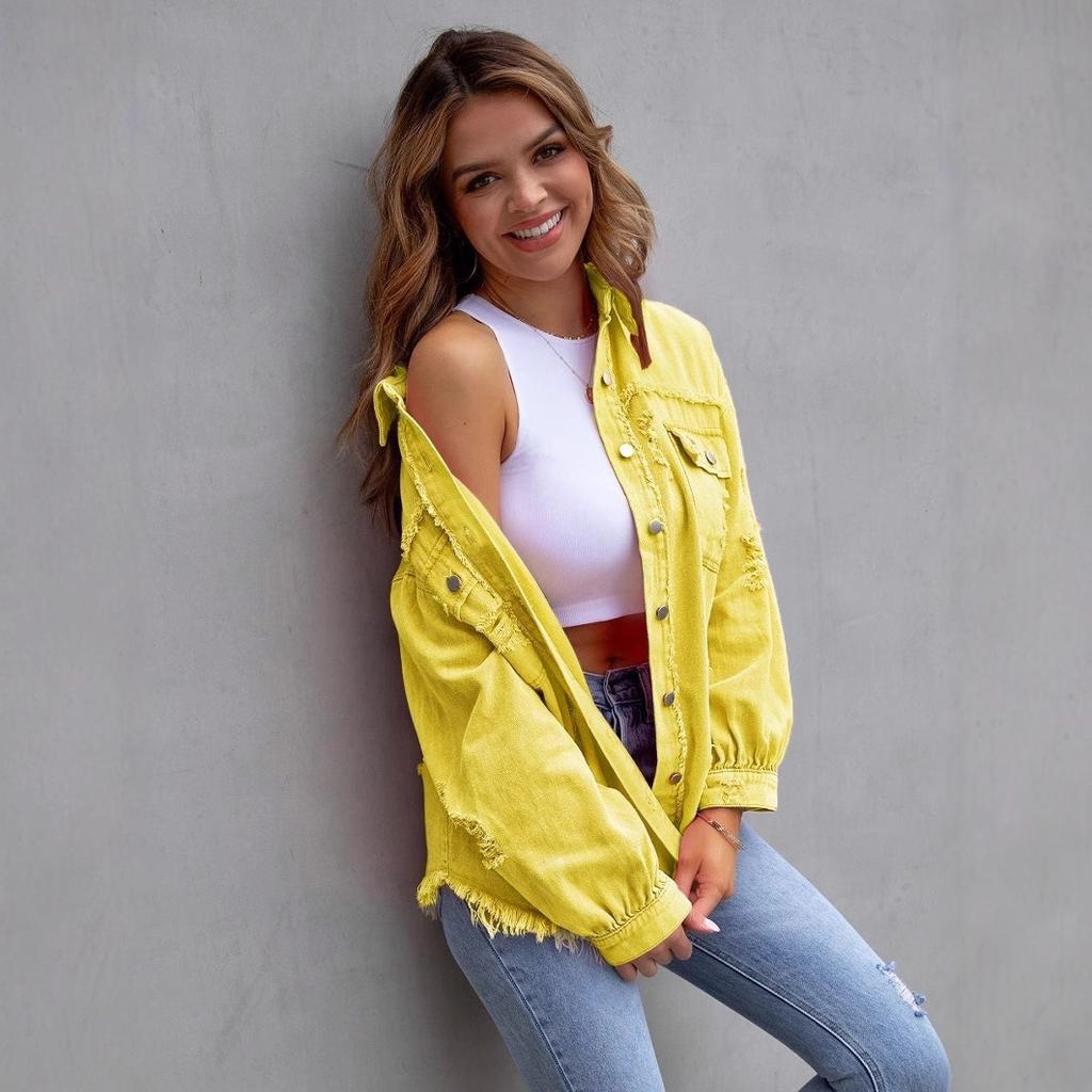 Denim Jacket Women's Solid Color Loose Jacket Ripped Fashion Long Sleeve Women's Denim Shirt
