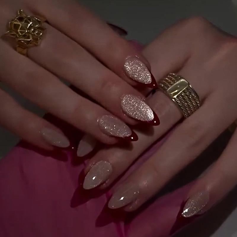 Autumn/Winter French Red Almond Shape Cat Eye Press-On Nail Art