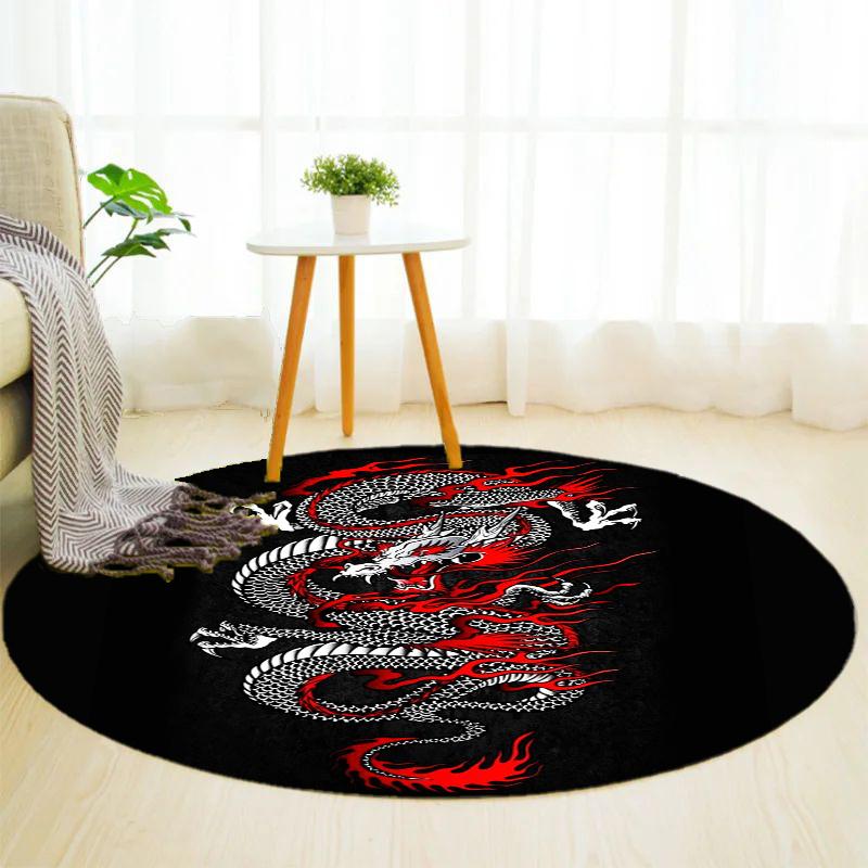 Red Dragon Round Rug Nonslip Area Rug Office Chair Mat Carpet For Living Room Bedroom Home Decor