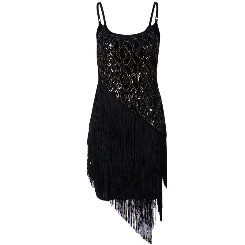 

Foreign Trade Premium Product, Real Shot of Popular Item: 1920S Vintage Tassel Dress with Sequins, Hand-Woven Ball Gown with Straps Black 2XL