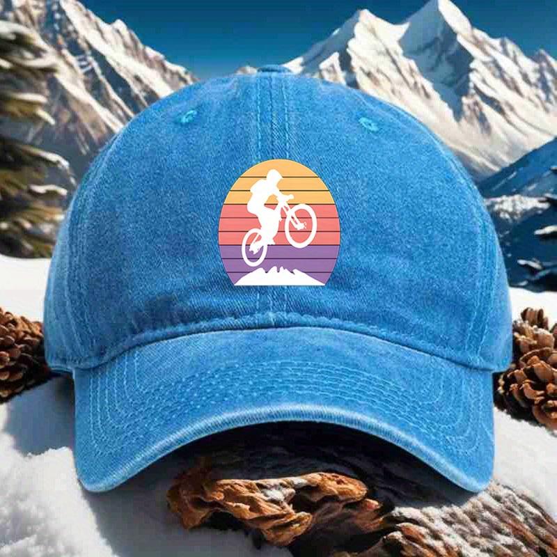 Mountainbike Sonnenuntergang Retro Grafik Trucker Cap Polyester Verstellbar Outdoor Abenteuer Hut