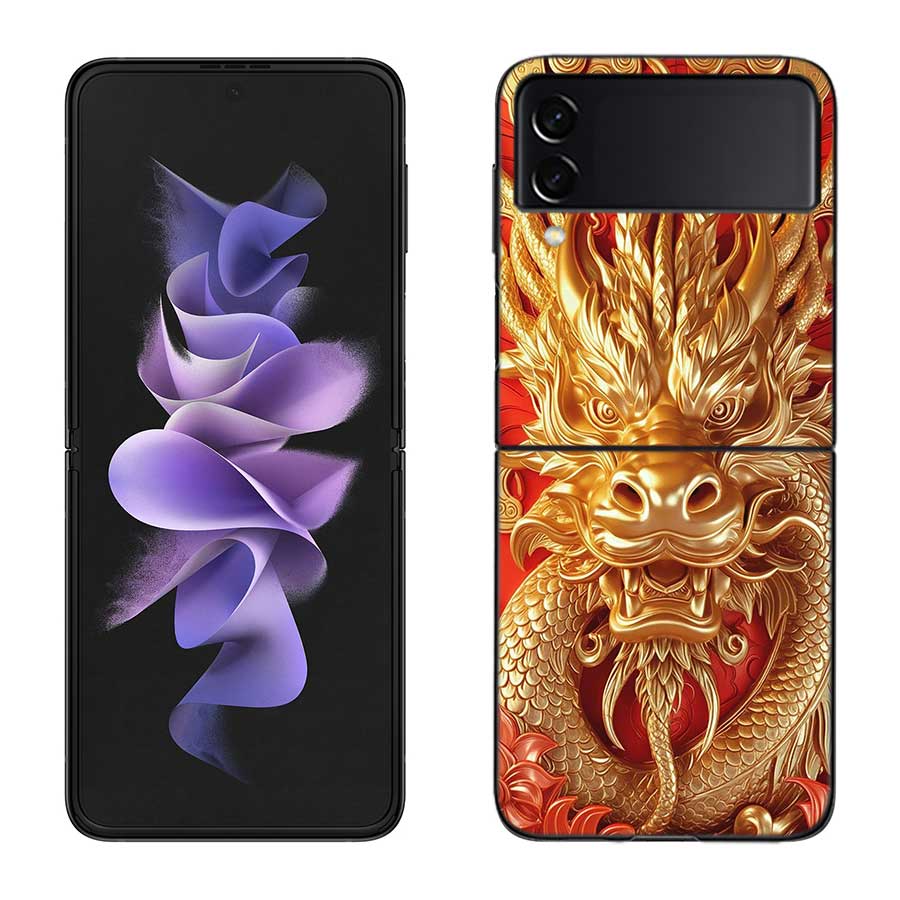 Golden Holy Dragon Phone Case For Samsung Z Flip 7 6 5G Galaxy Z Flip 5 4 3 Black Hard Cell Cover Luxury PC Shell Coque