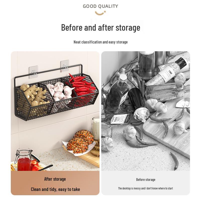 Punch-Free Wall-Mounted Kitchen Rack for Onion, Ginger, and Garlic Storage