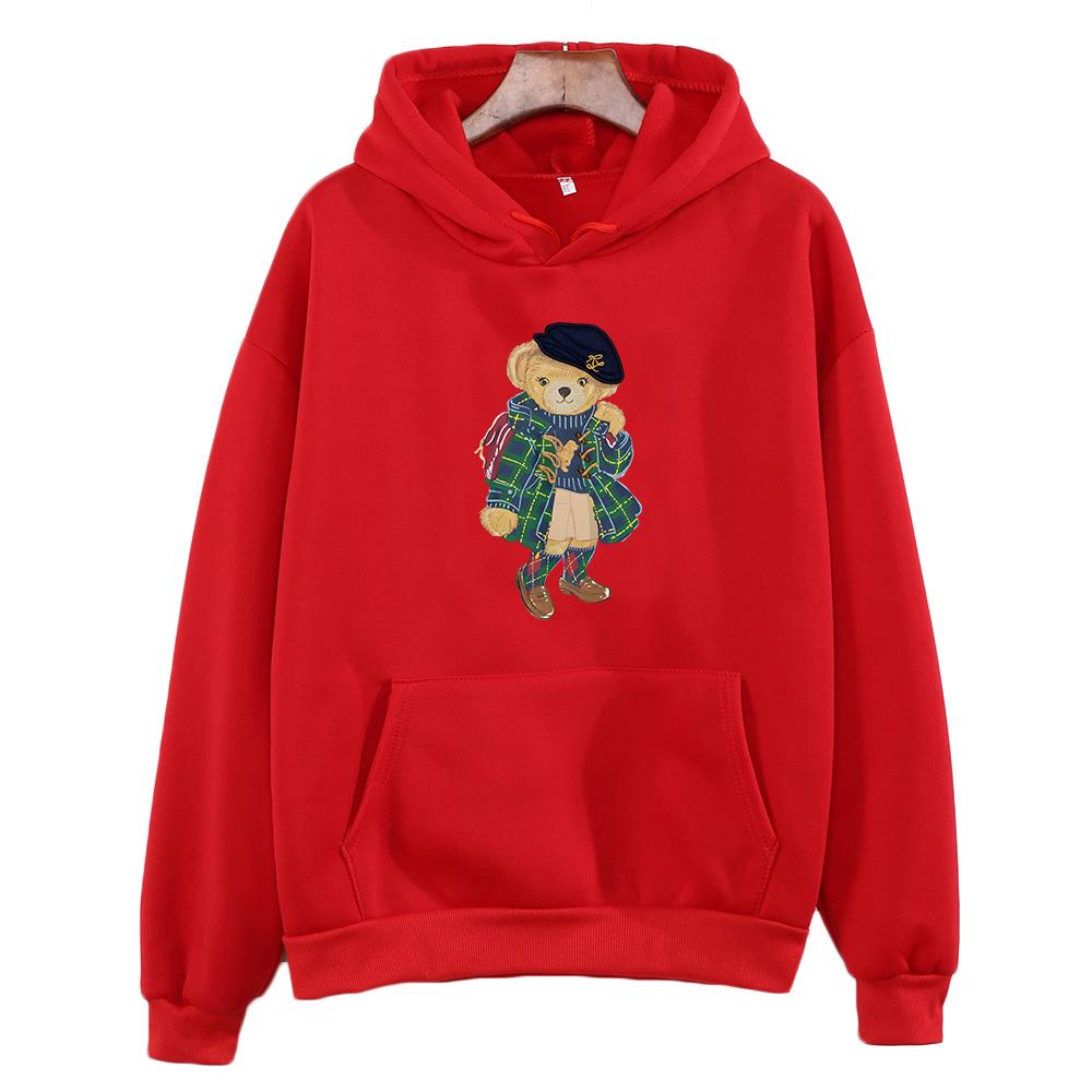 Cute Bear Printing Hoodies Women Trendy Sweatshirts Winter Fleece Clothing Comfortable Casual Long Sleeve Oversized Pullovers