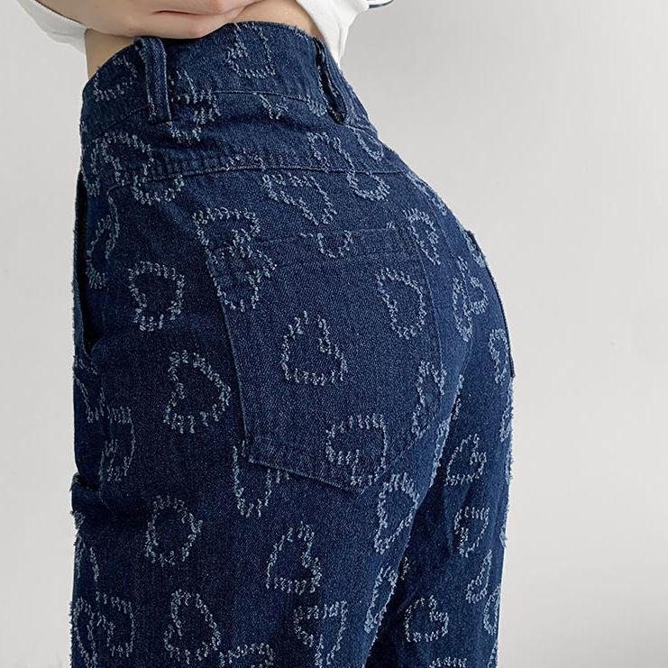 

Жаккардовые джинсовые широкие брюки Love, летние свободные прямые брюки с высокой талией, тонкие срезы M