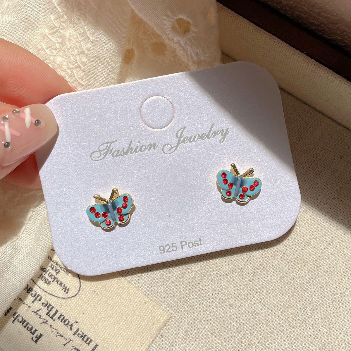 

Летние милые розовые серьги-пусеты с бабочками - Милый дизайн с инкрустированными бриллиантами, Серебряная игла, Универсальные и изысканные