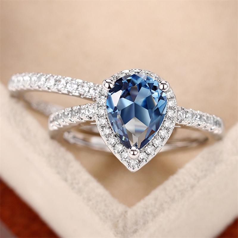 Huitan Gorgeous Blue Water Drop Cubic Zirconia Rings s/Set Temperament Elegant Lady's Ring for Party Anniversary Gift Jewelry